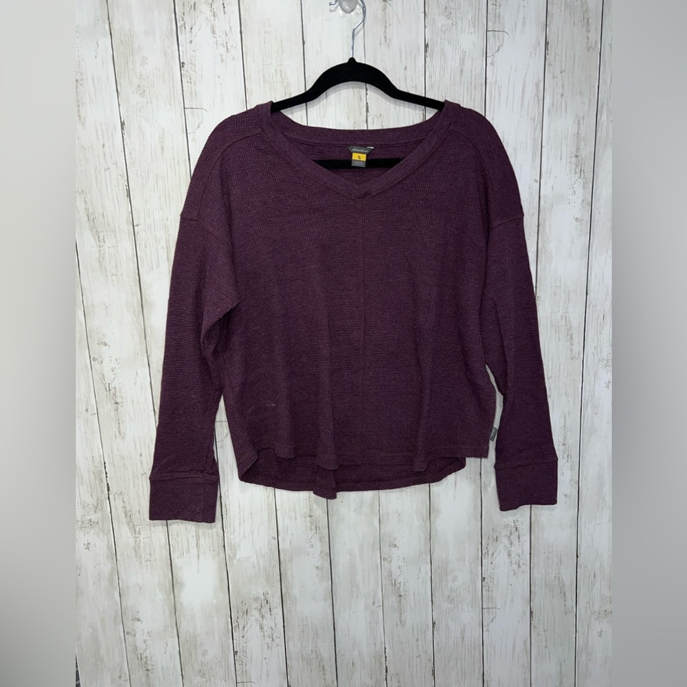 Eddie Bauer V Neck Long Sleeve Purple Shirt Size Large Waffle Knit